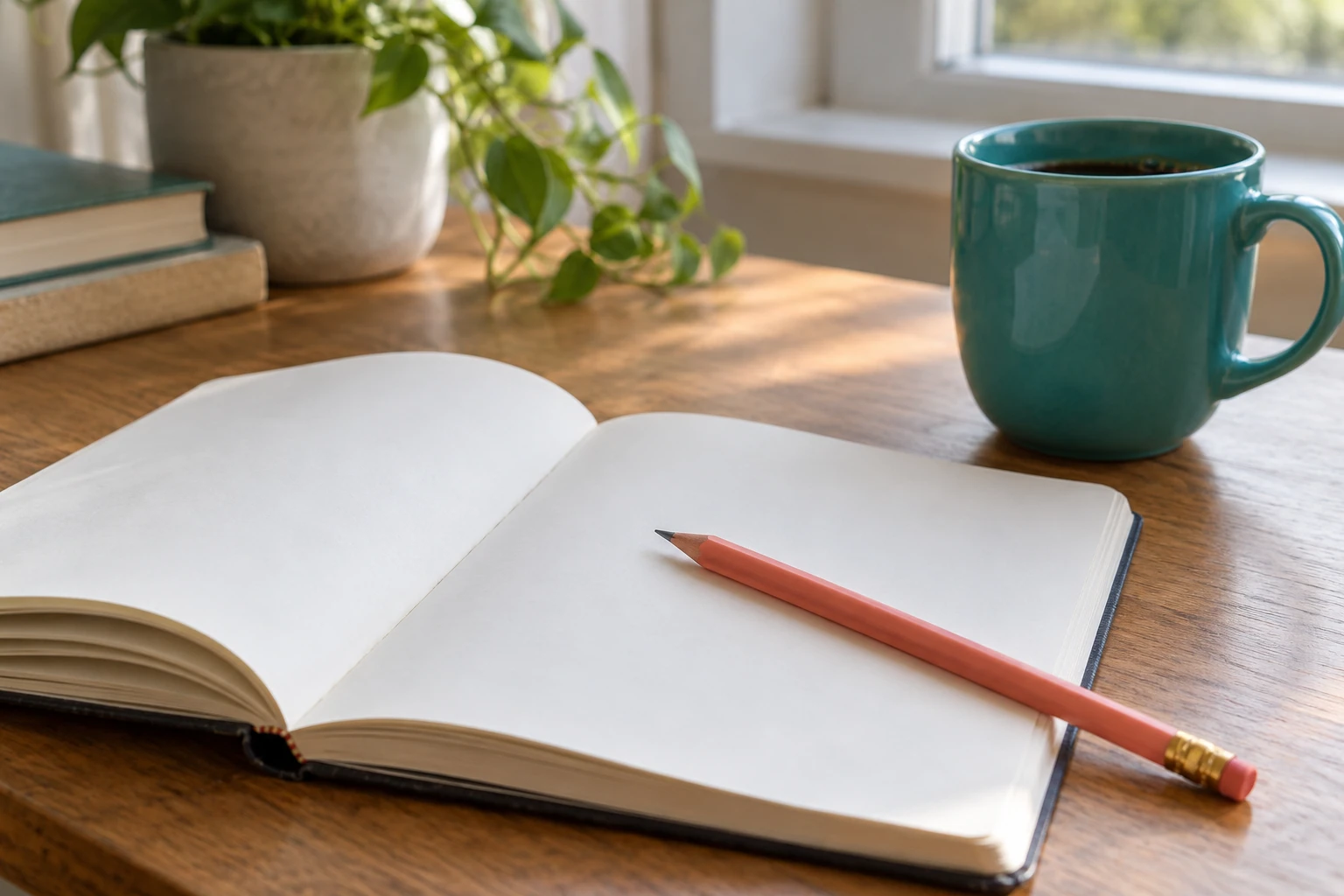 Carnet ouvert sur table, crayon posé dessus, tasse de café et plante près d'une fenêtre