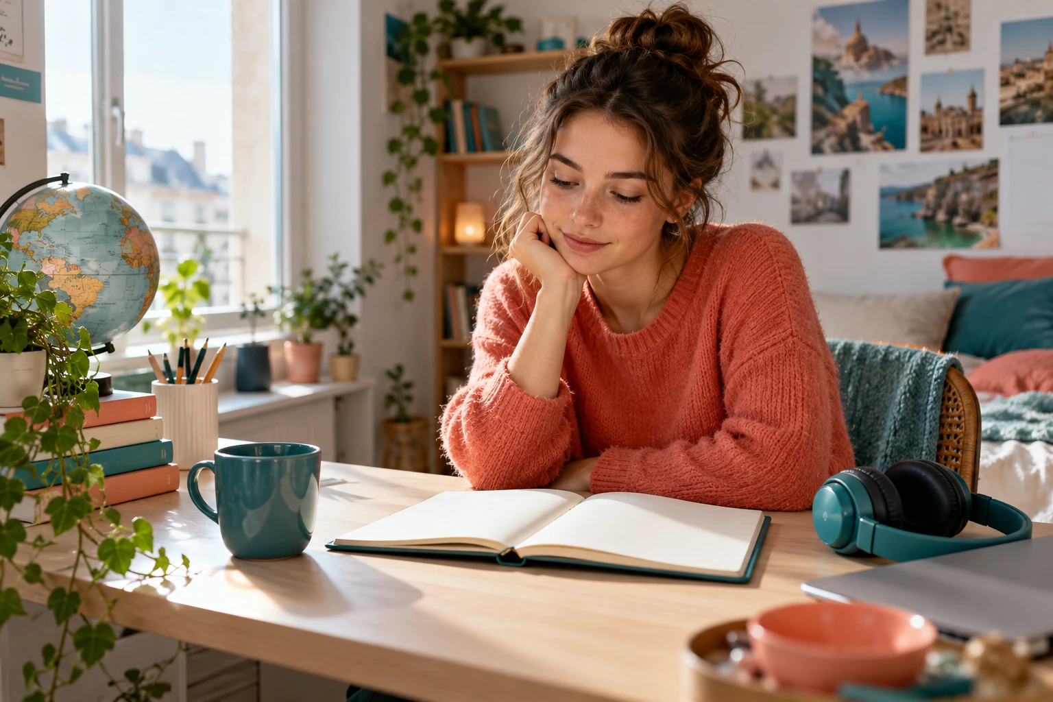 Jeune femme lisant un carnet ouvert à un bureau lumineux, tasse et casque présents