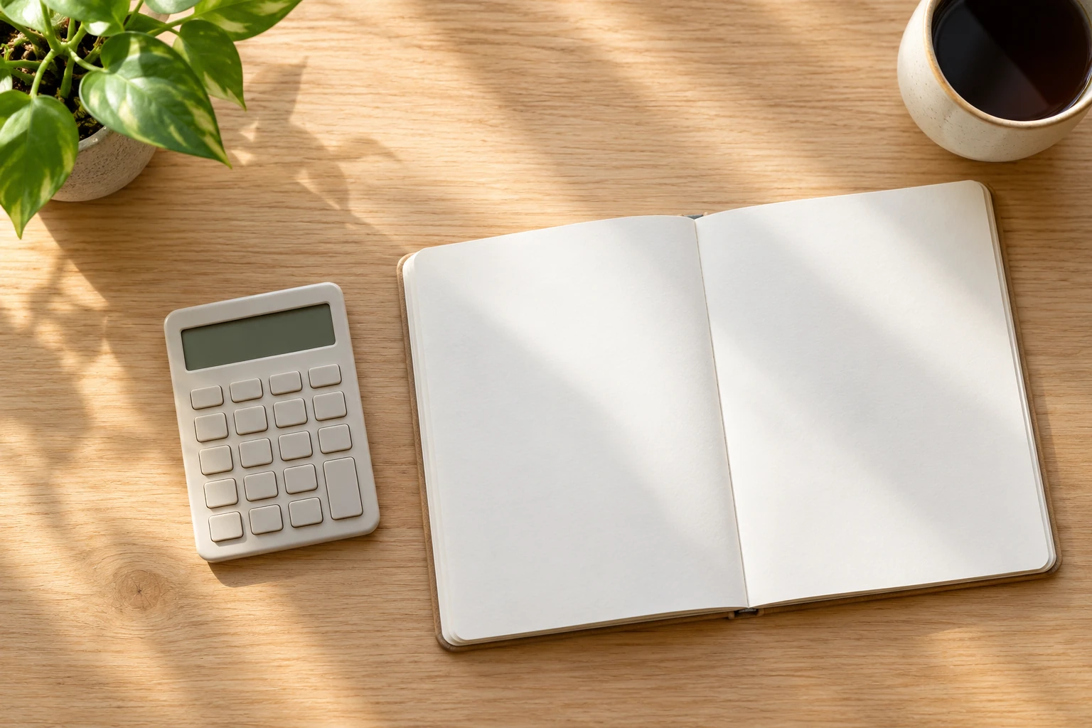 Calculatrice, carnet ouvert, tasse de café et plante sur bureau ensoleillé