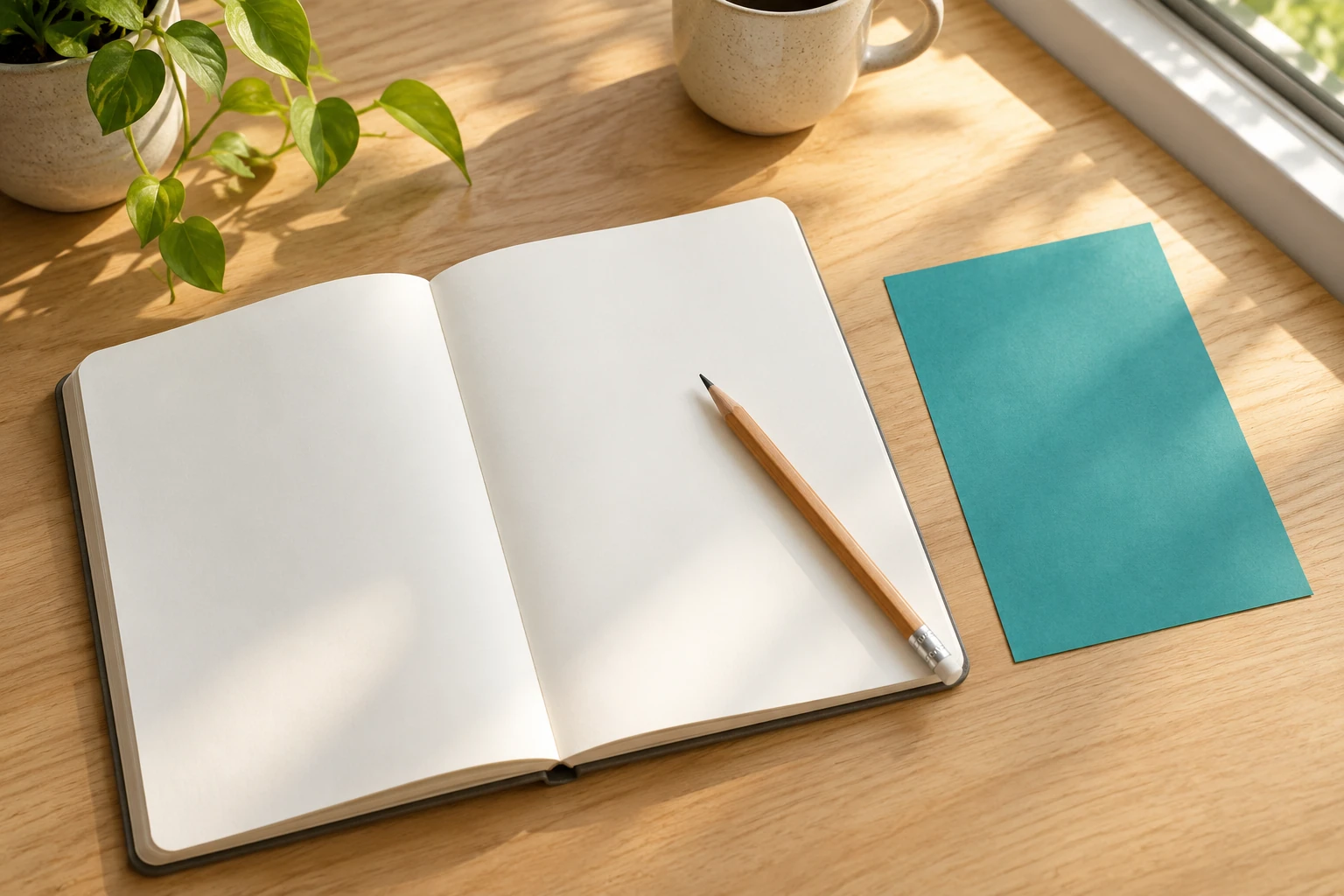 Cahier ouvert vierge, crayon, carte bleue, tasse et plante sur bureau ensoleillé