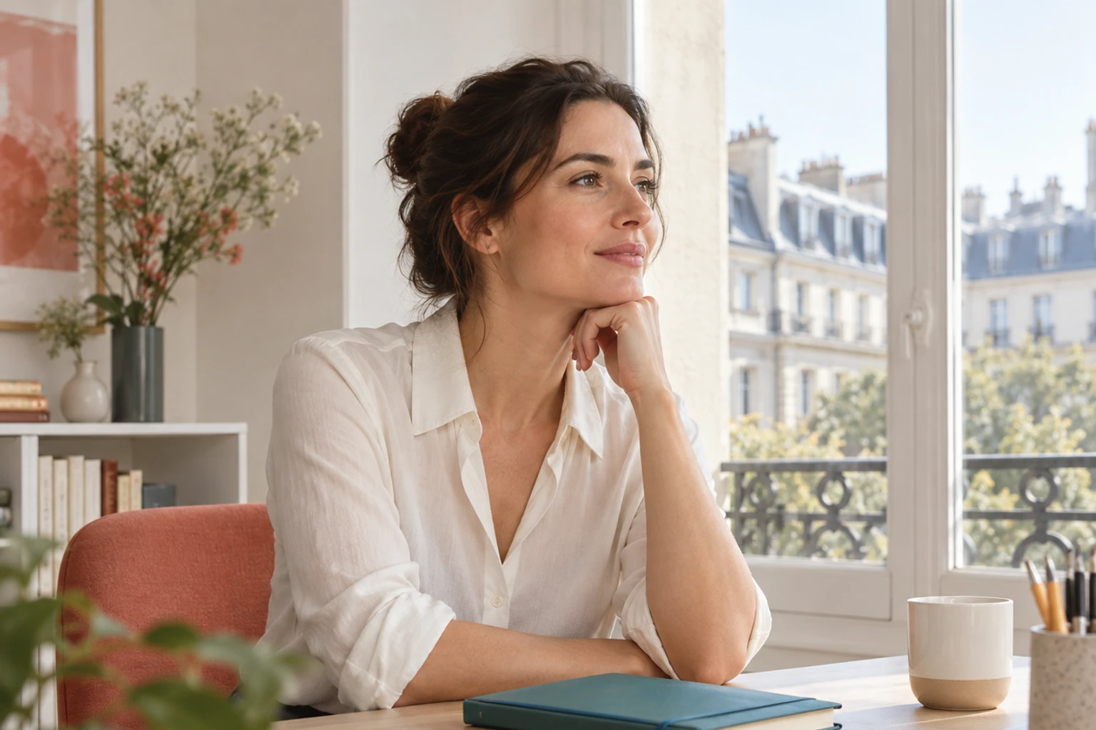 Femme souriante contemplant la ville depuis un bureau, carnet et tasse posés sur la table