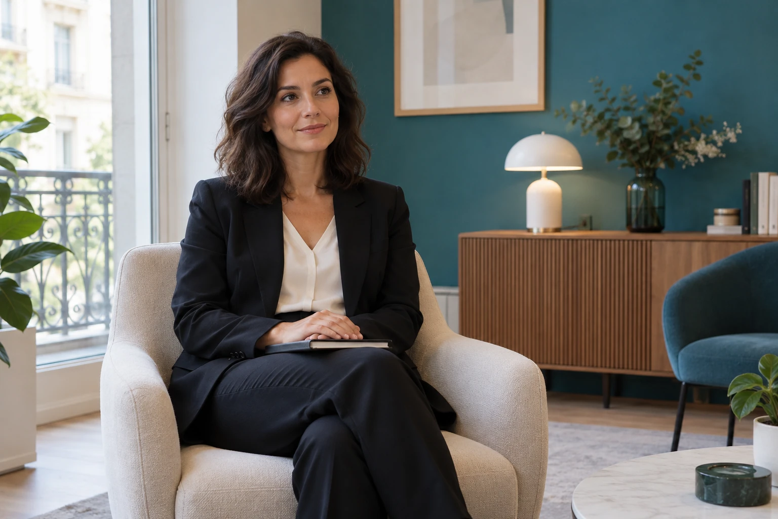 Femme assise en tailleur dans un fauteuil, tenue professionnelle, carnet sur les genoux, salon lumineux