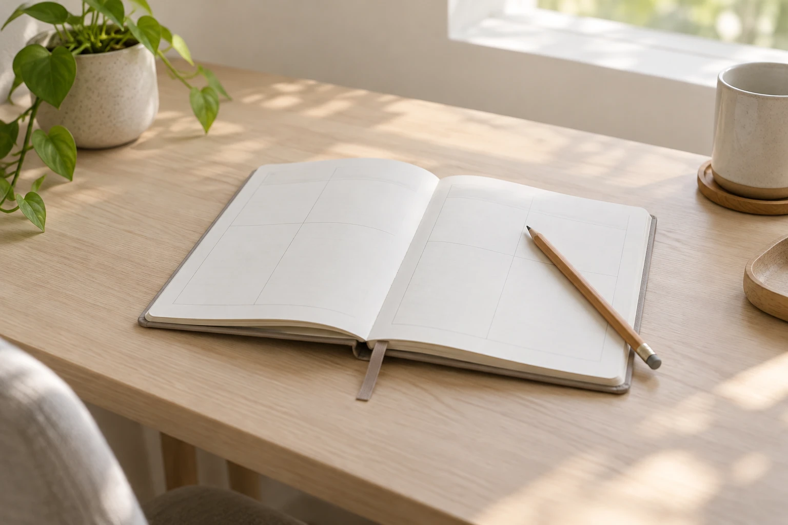 Carnet ouvert sur un bureau en bois avec cases de semaine et crayon posé dessus