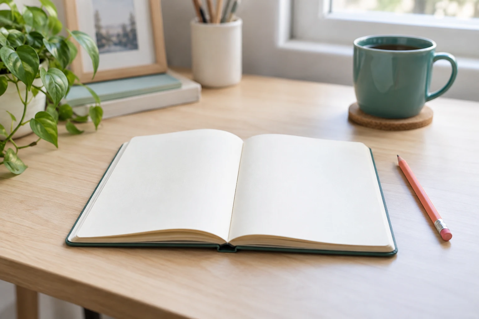Carnet ouvert vierge sur bureau en bois, tasse de café et crayon rose
