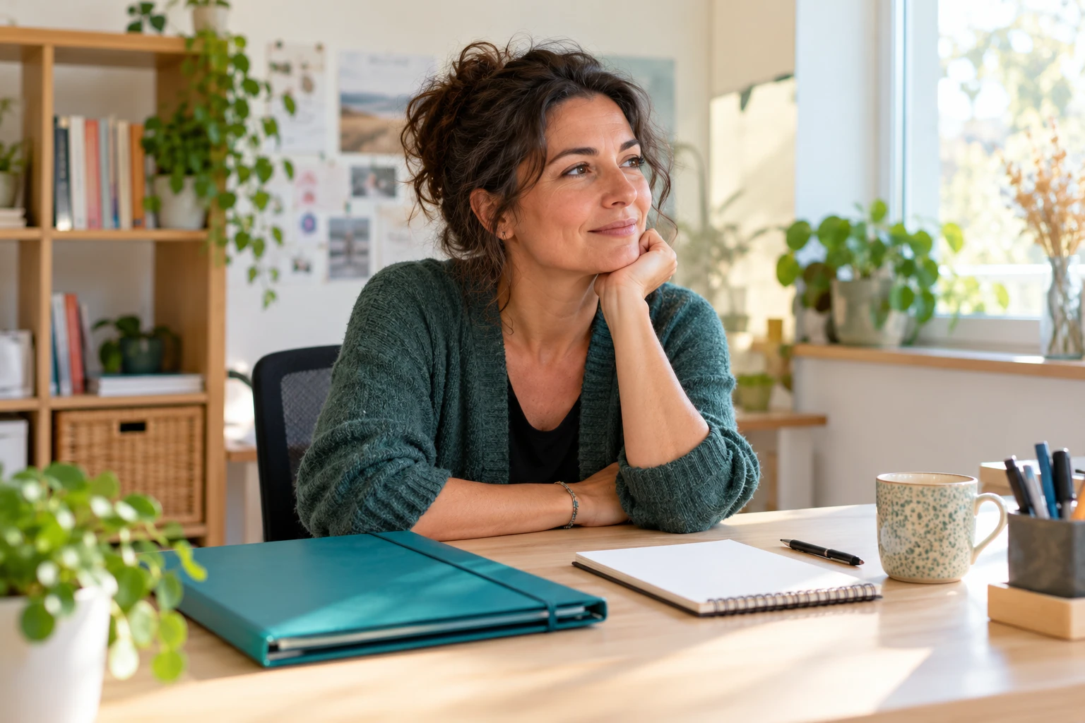 Femme souriante pensant, assise à un bureau lumineux avec carnet, tasse et classeur